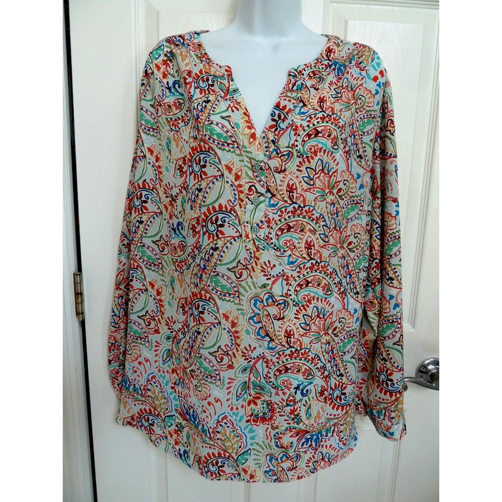 Zac & Rachel Plus Sz 2X Roll Tab Colorful Paisley 1/2 Button Blouse Office